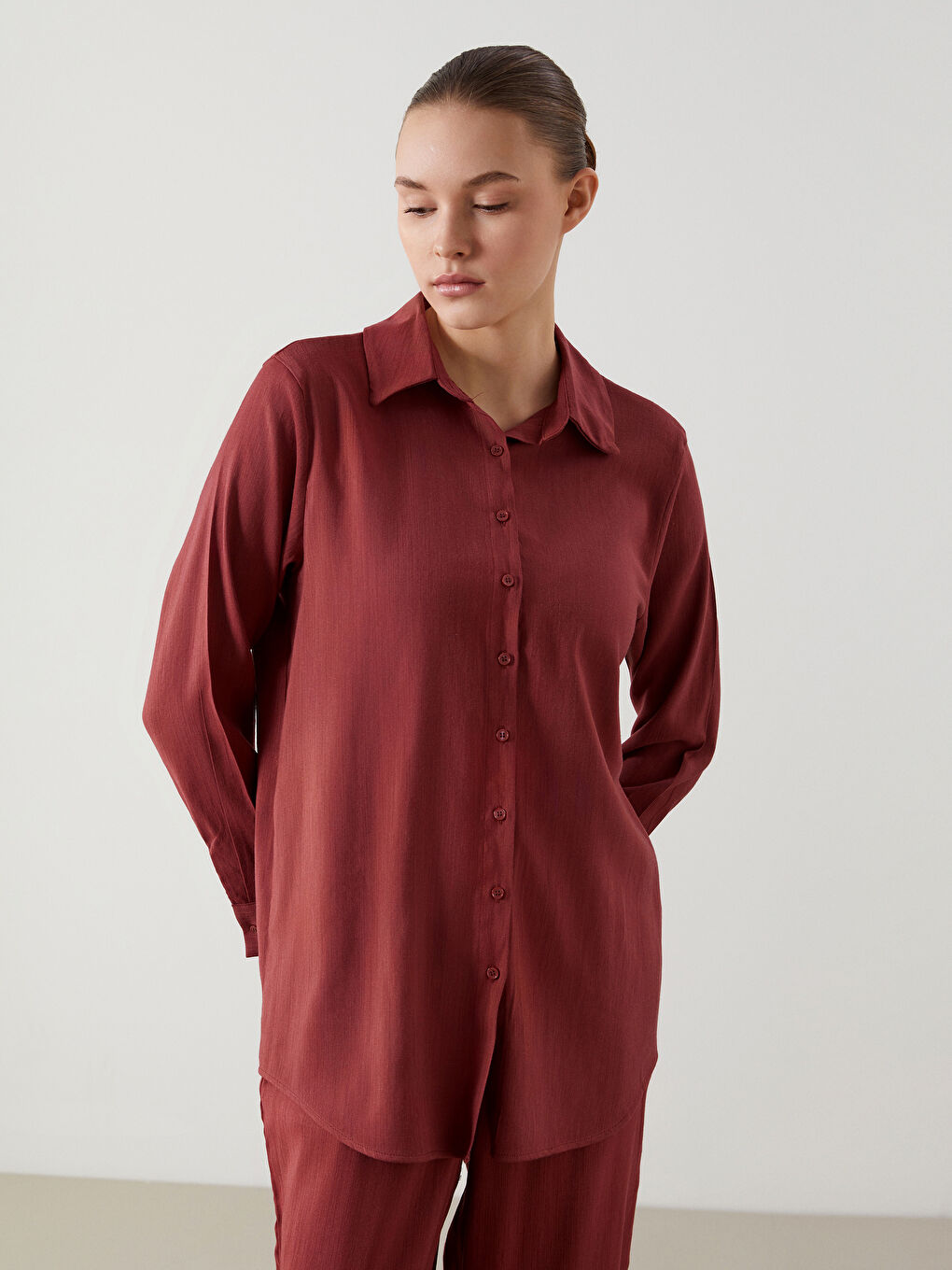 Kırmızı Keten Karışımlı Kadın Gömlek Tunik-2