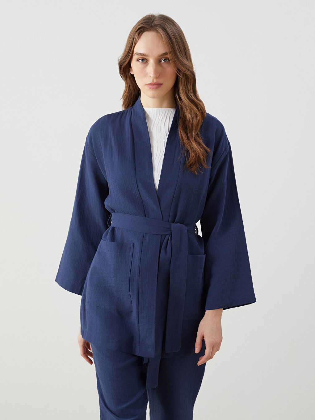 Shawl Collar Plain Long Sleeve Oversize Muslin Women's Kimono -S5FH39Z8-CVM