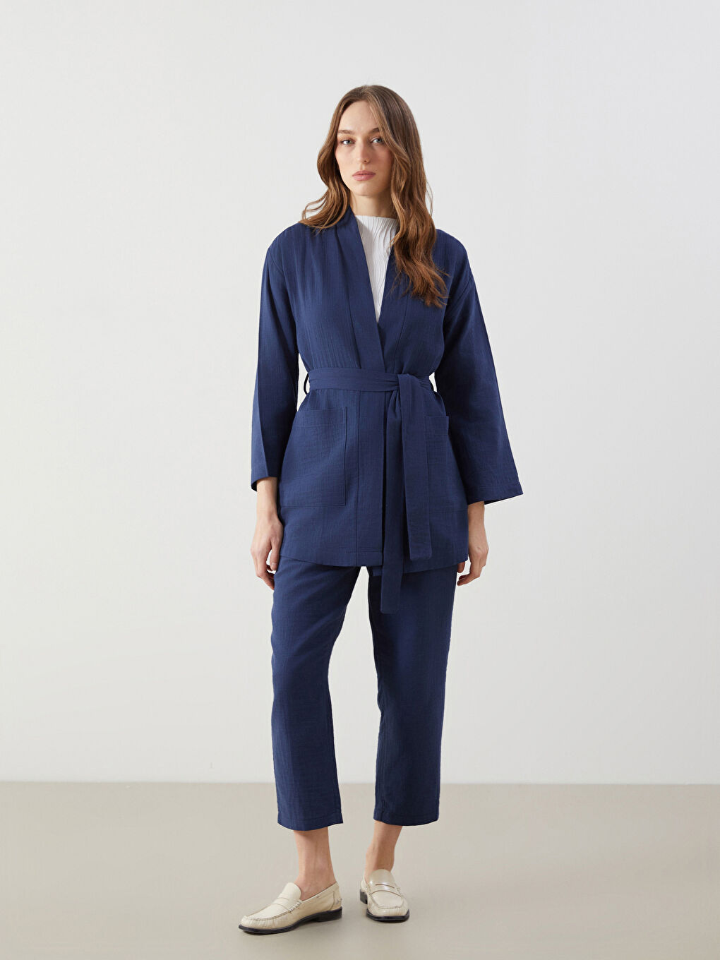 Shawl Collar Plain Long Sleeve Oversize Muslin Women's Kimono -S5FH39Z8-CVM
