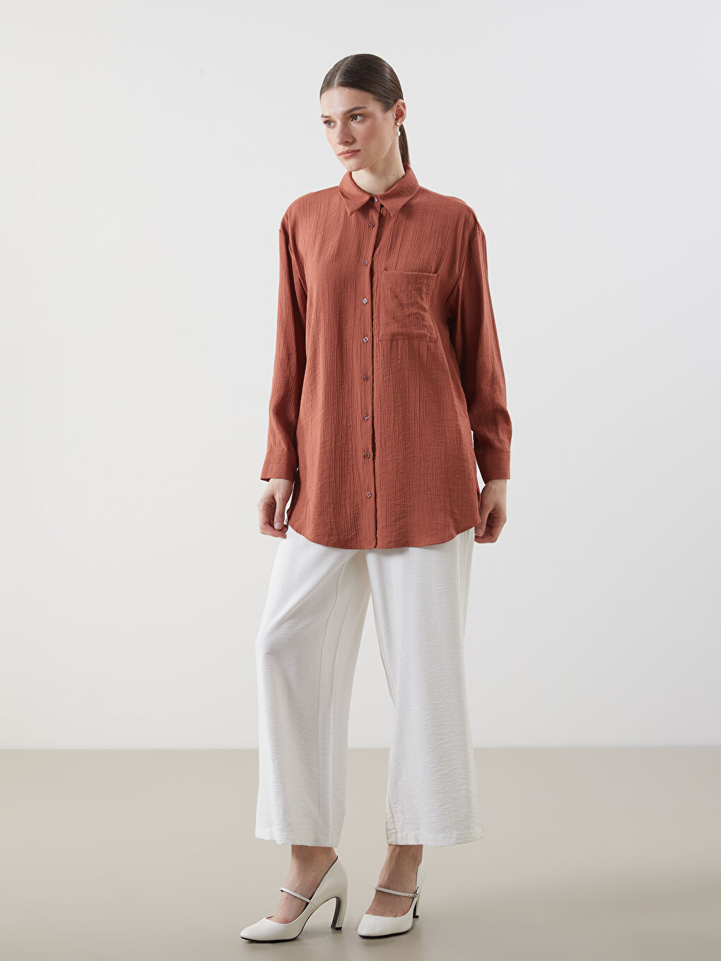 LCW Modest Textured Oversize Crinkle Women's Shirt Tunic -S5FH71Z8-REN