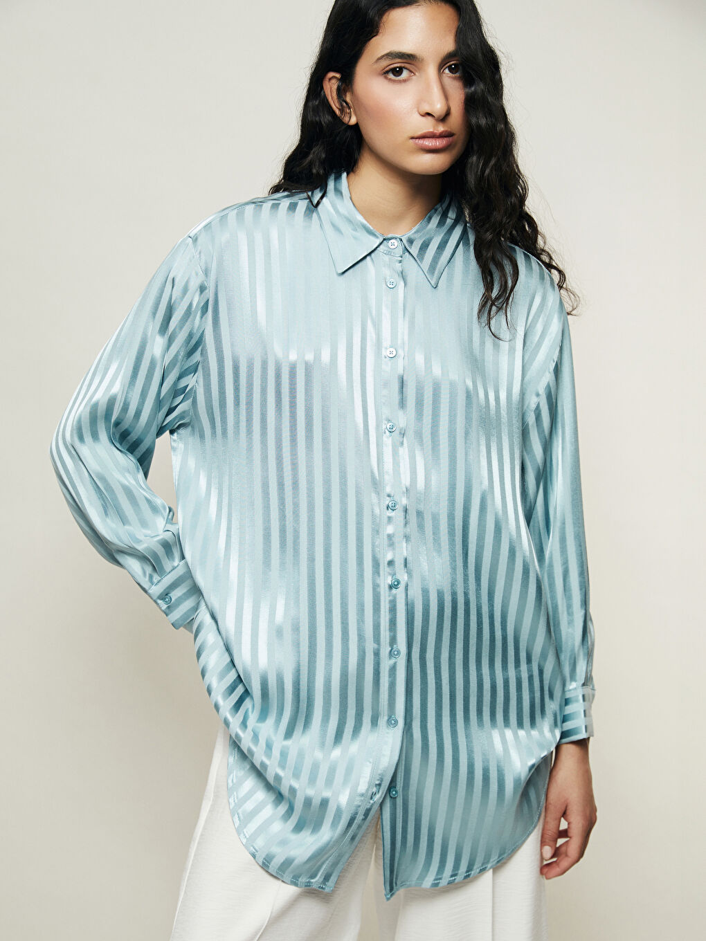 Striped Oversize Satin Women's Shirt Tunic -S5FH72Z8-CVD