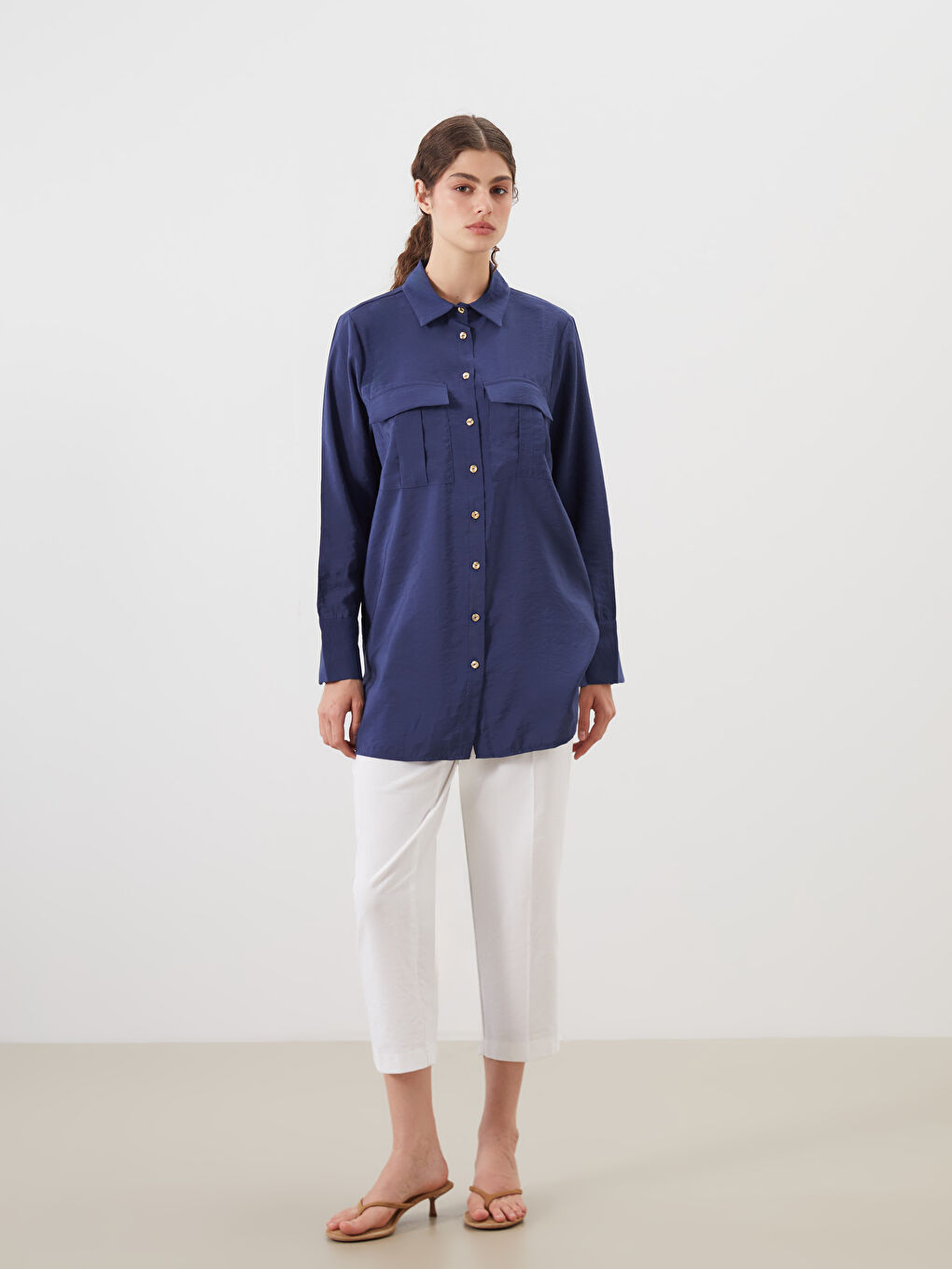 Lacivert Modal Karışımlı Kadın Gömlek Tunik-1