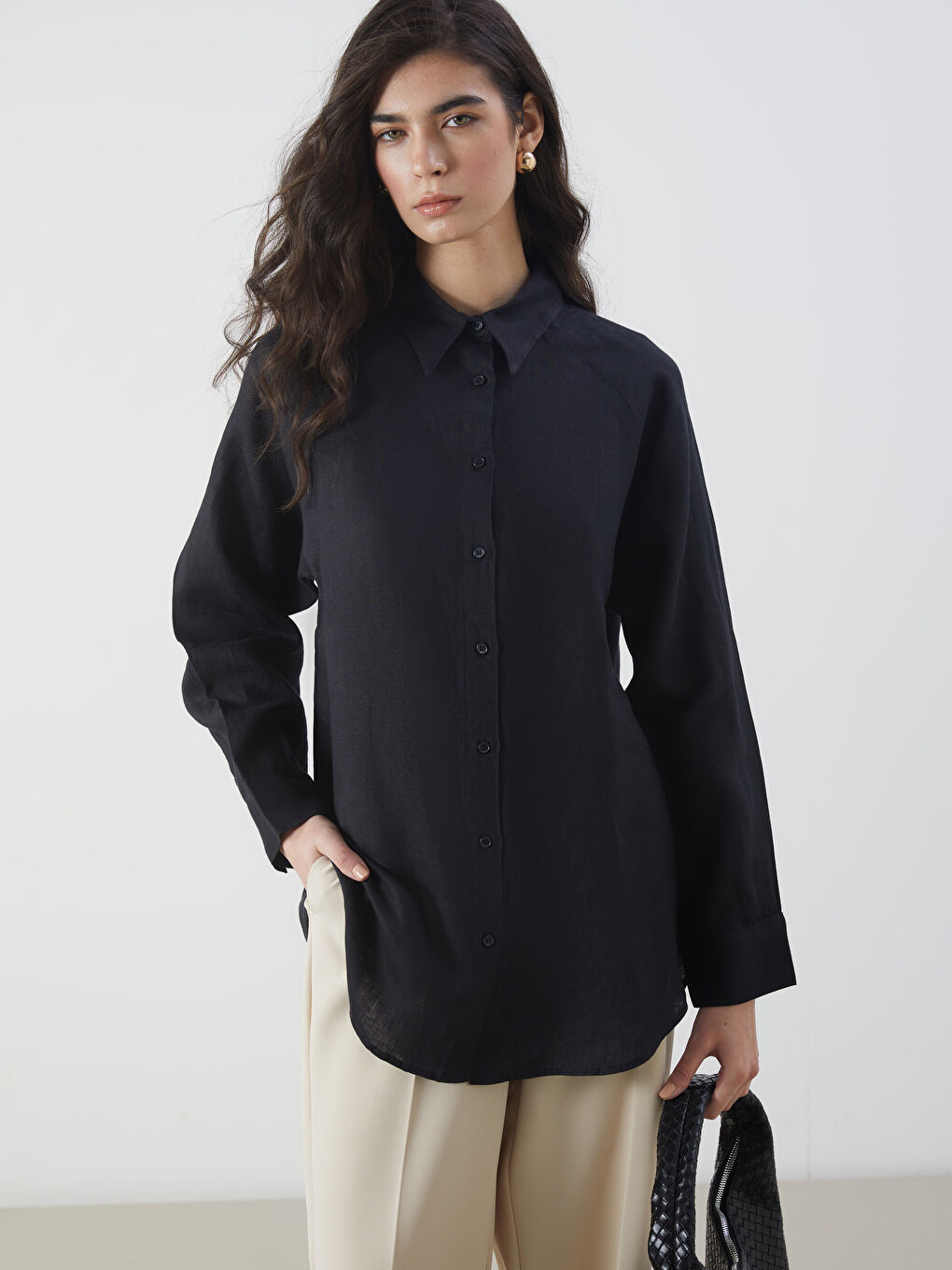 Siyah Oversize %100 Keten Kadın Gömlek-2