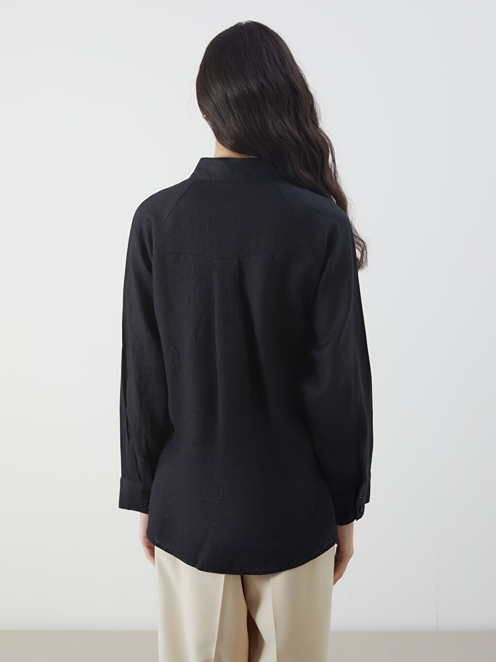 Siyah Oversize %100 Keten Kadın Gömlek-5