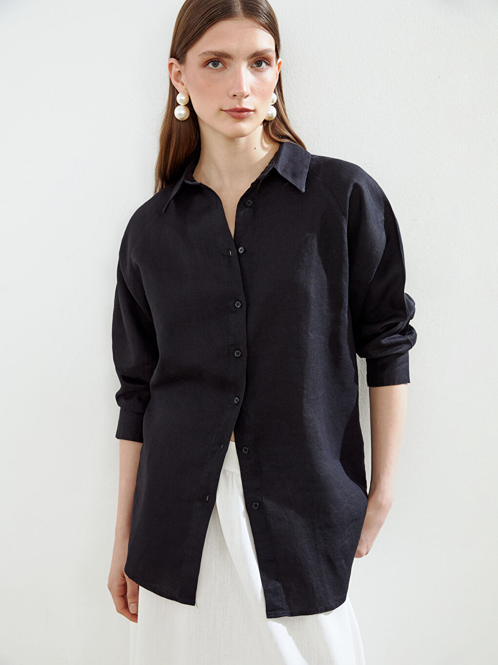 Siyah Oversize %100 Keten Kadın Gömlek