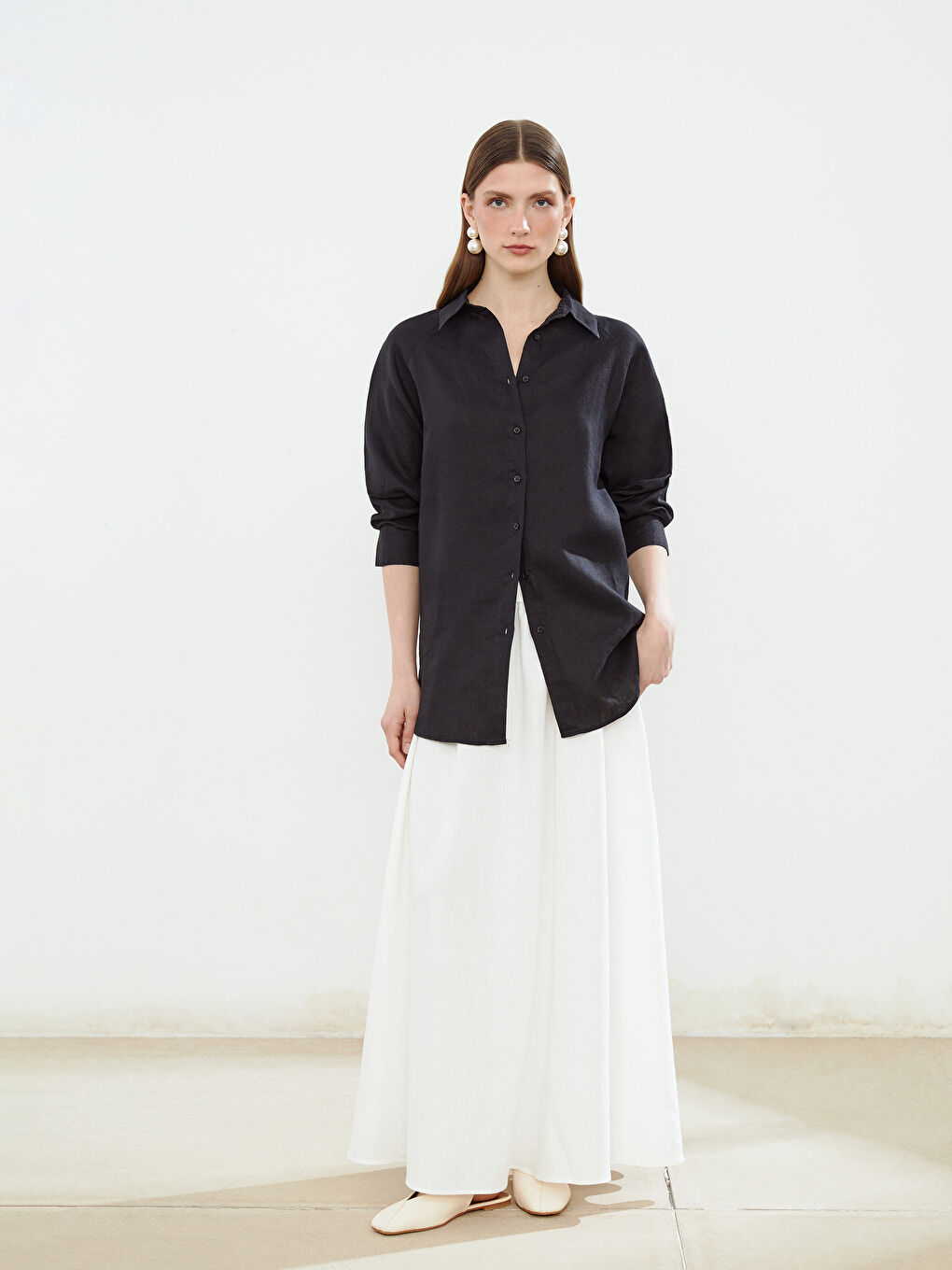 Siyah Oversize %100 Keten Kadın Gömlek-1