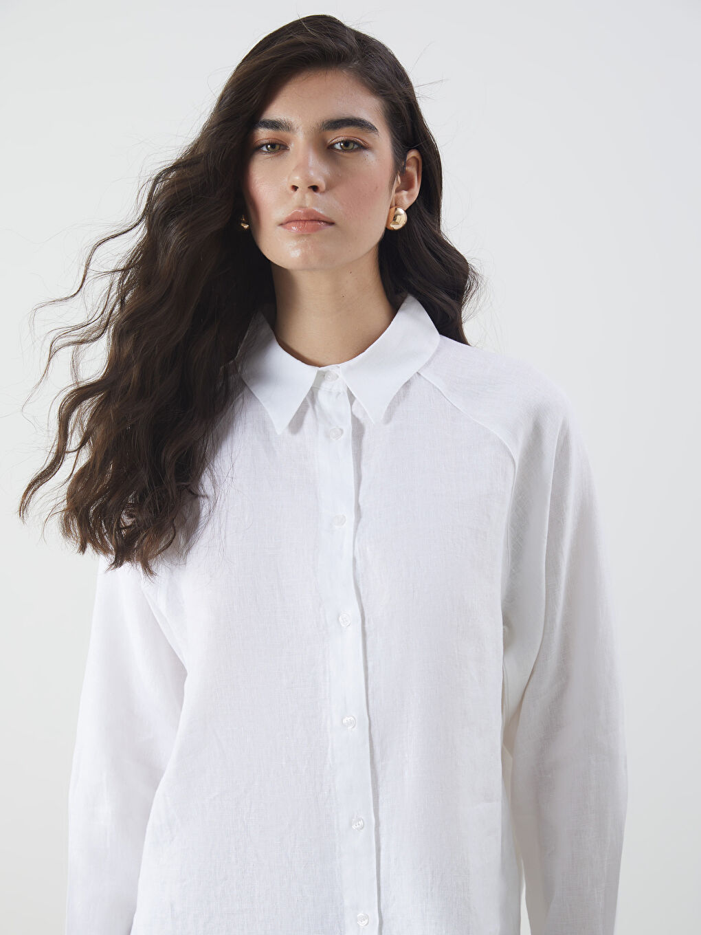 LCW Modest Beyaz Oversize Keten Kadın Gömlek - 3