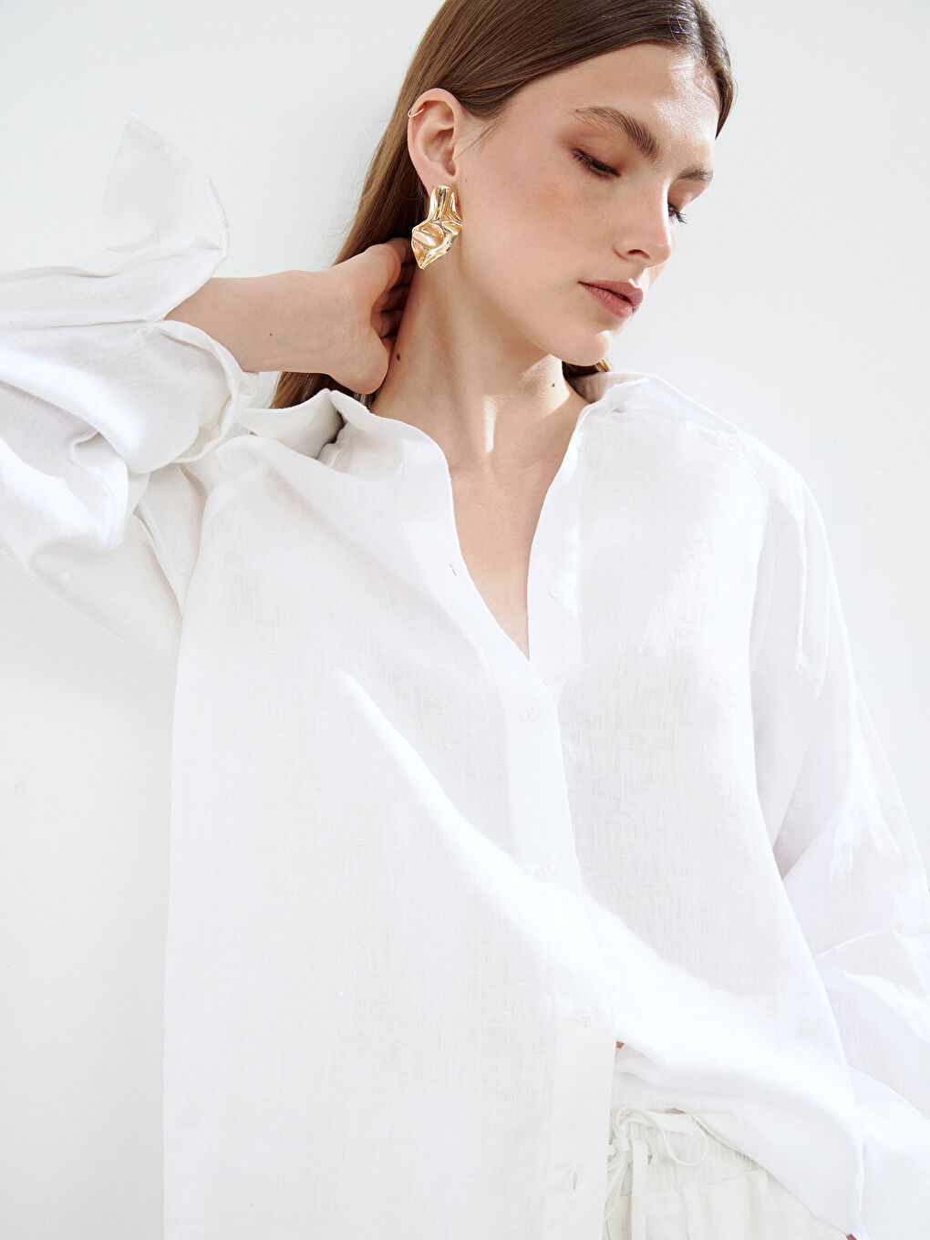 LCW Modest Beyaz Oversize Keten Kadın Gömlek