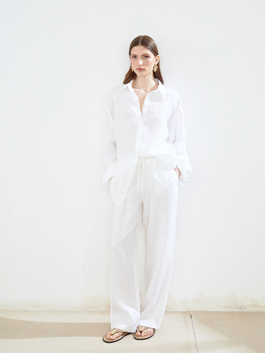 LCW Modest Beyaz Oversize Keten Kadın Gömlek - 1