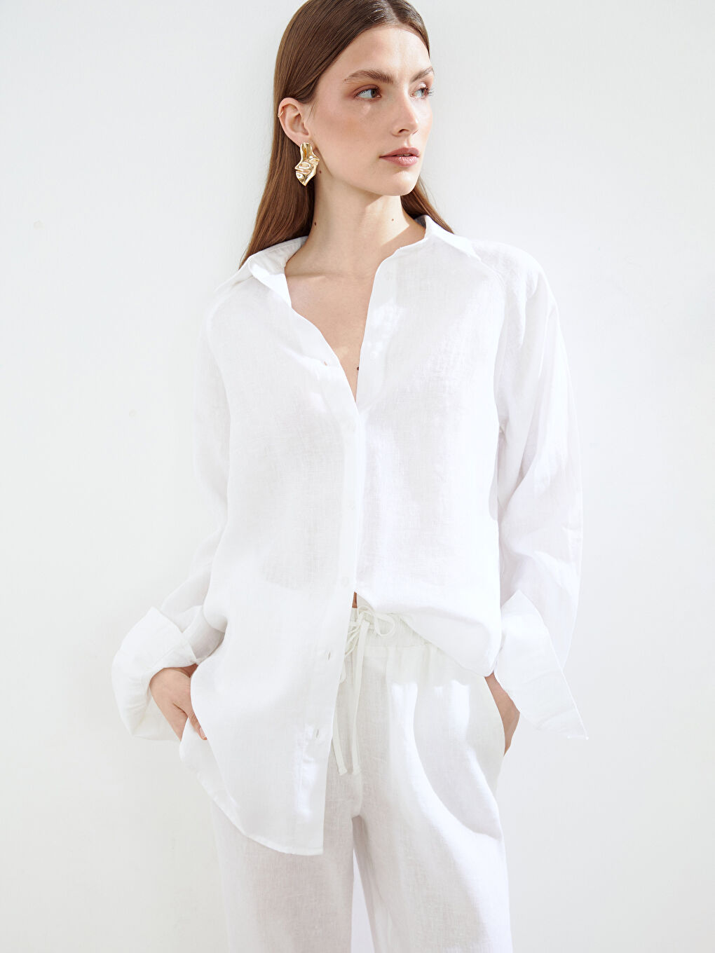 LCW Modest Beyaz Oversize Keten Kadın Gömlek - 2