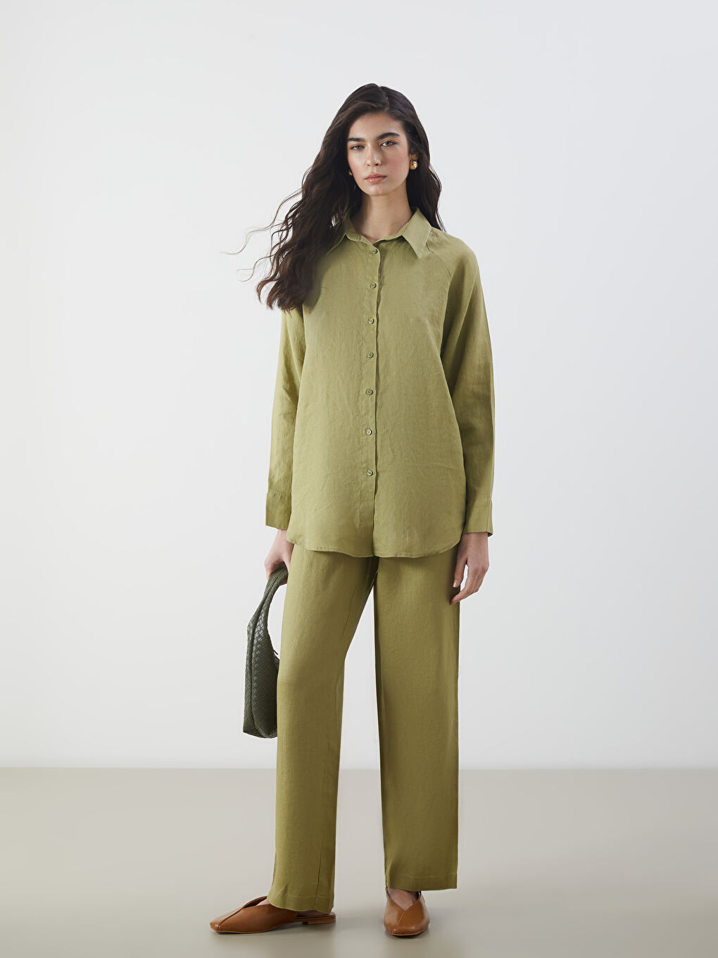 Haki Oversize %100 Keten Kadın Gömlek-1