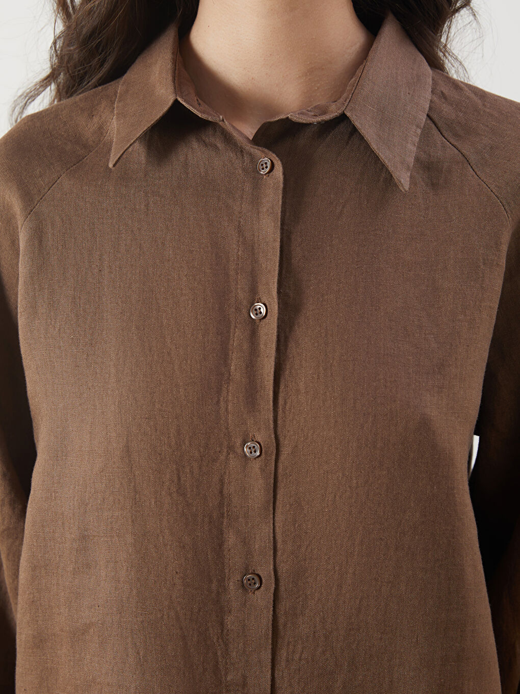 Kahverengi Oversize %100 Keten Kadın Gömlek-2
