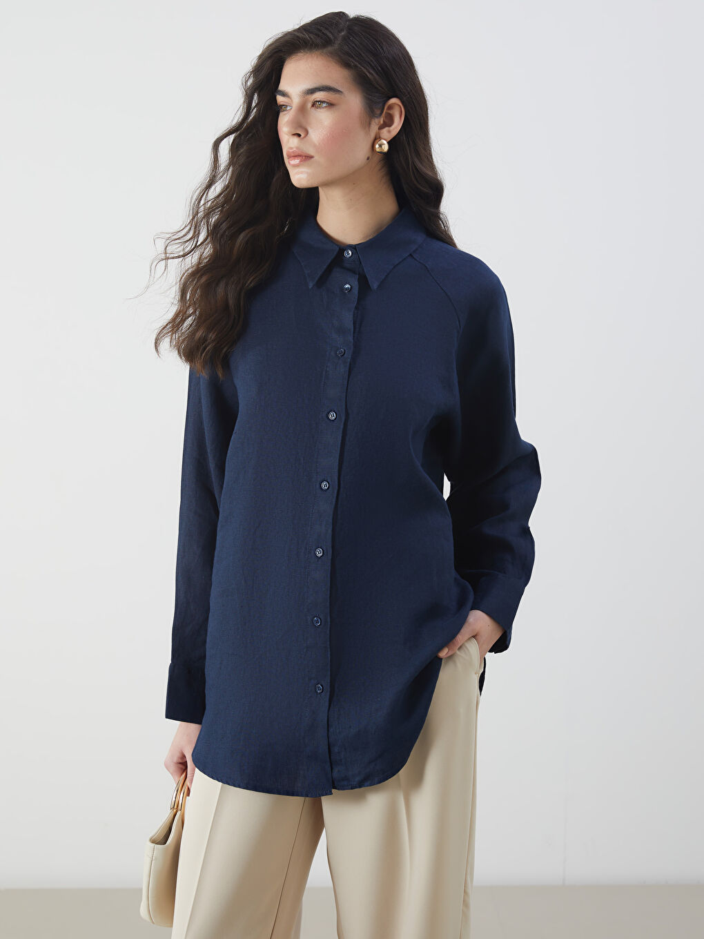 LCW Modest Lacivert Oversize Keten Kadın Gömlek - 2