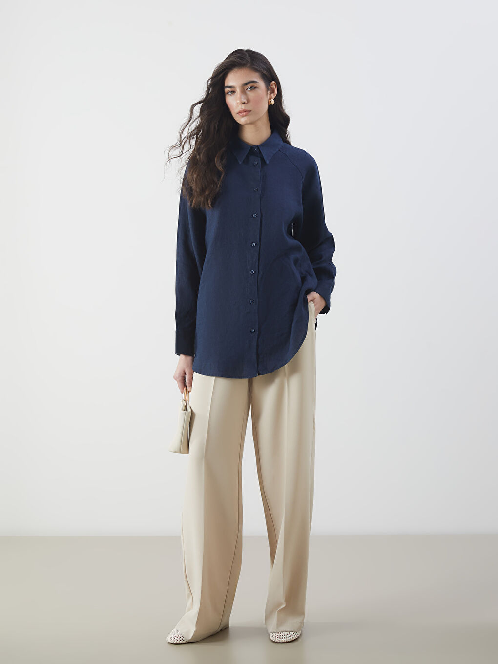 LCW Modest Lacivert Oversize Keten Kadın Gömlek - 3