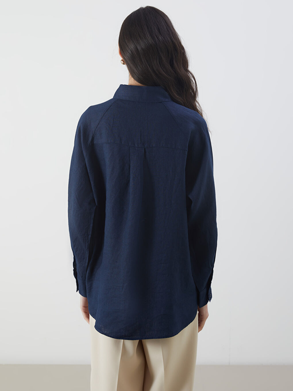 LCW Modest Lacivert Oversize Keten Kadın Gömlek - 5