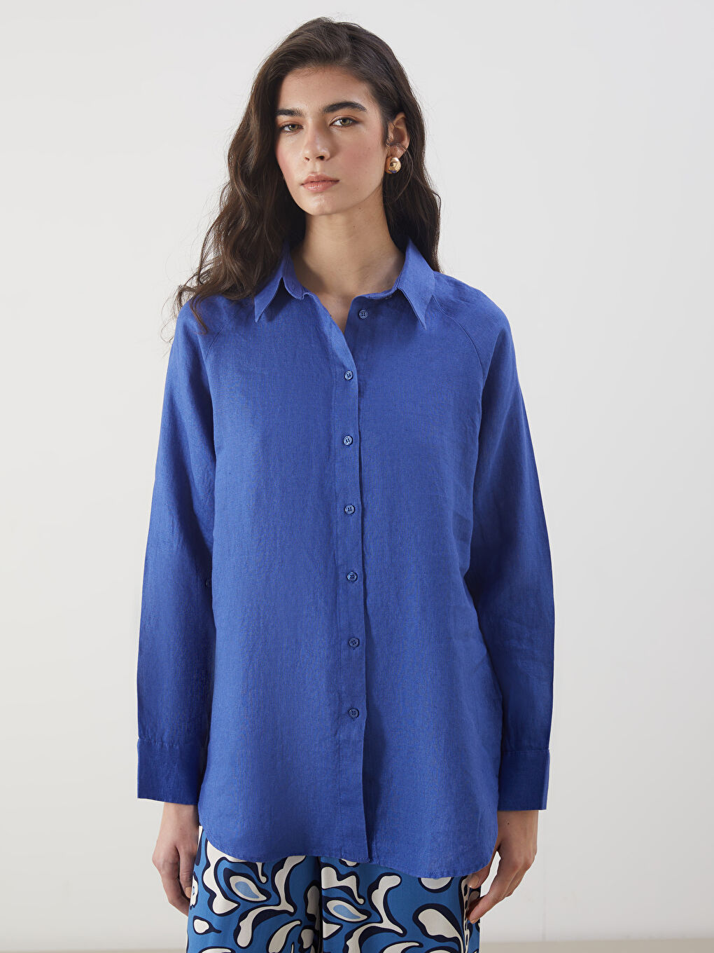 Mavi Oversize %100 Keten Kadın Gömlek-4