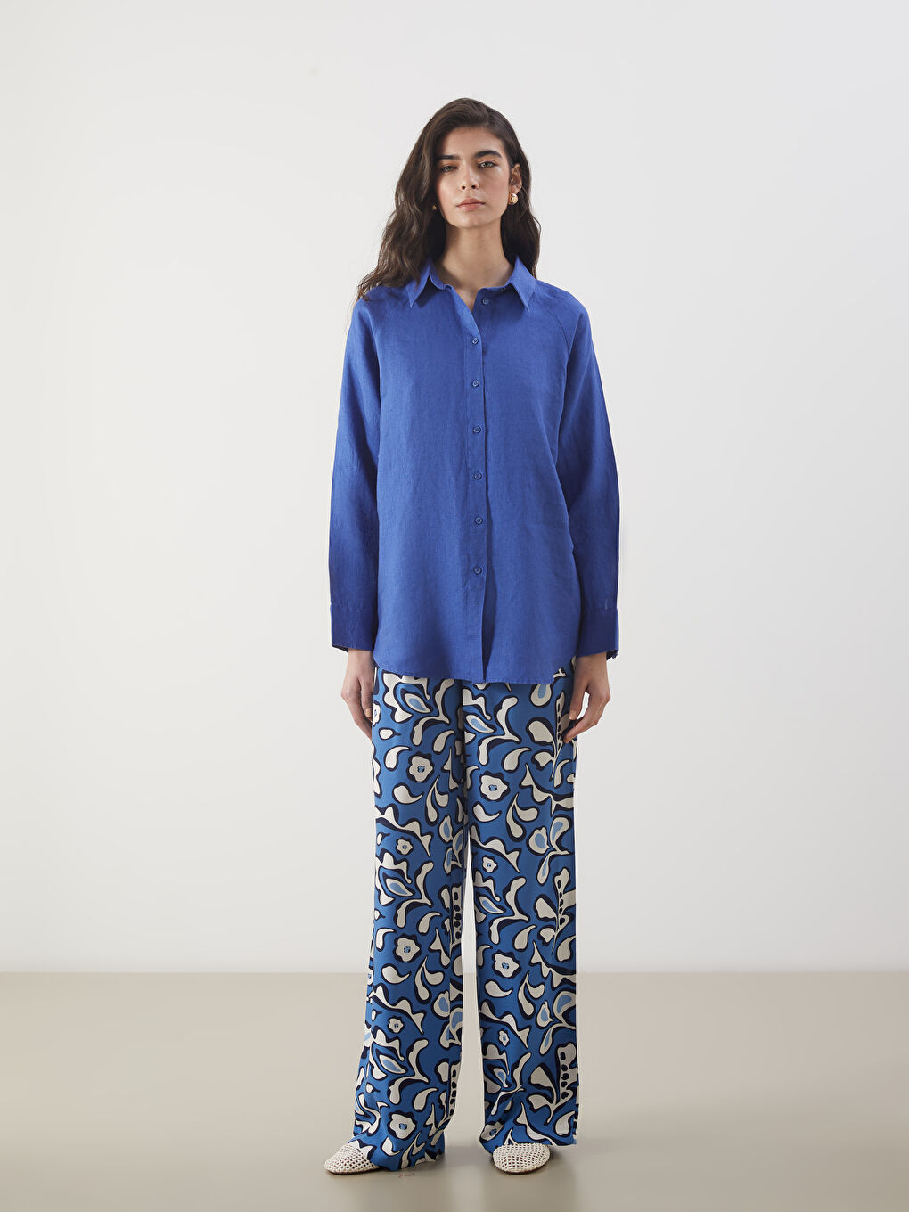 Mavi Oversize %100 Keten Kadın Gömlek-5