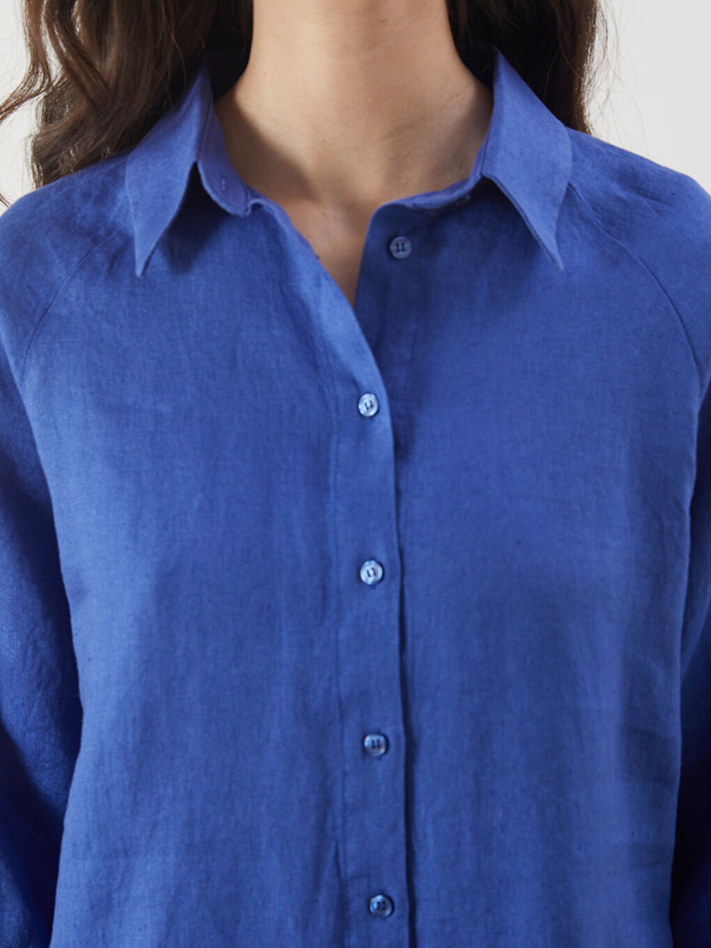 Mavi Oversize %100 Keten Kadın Gömlek-6