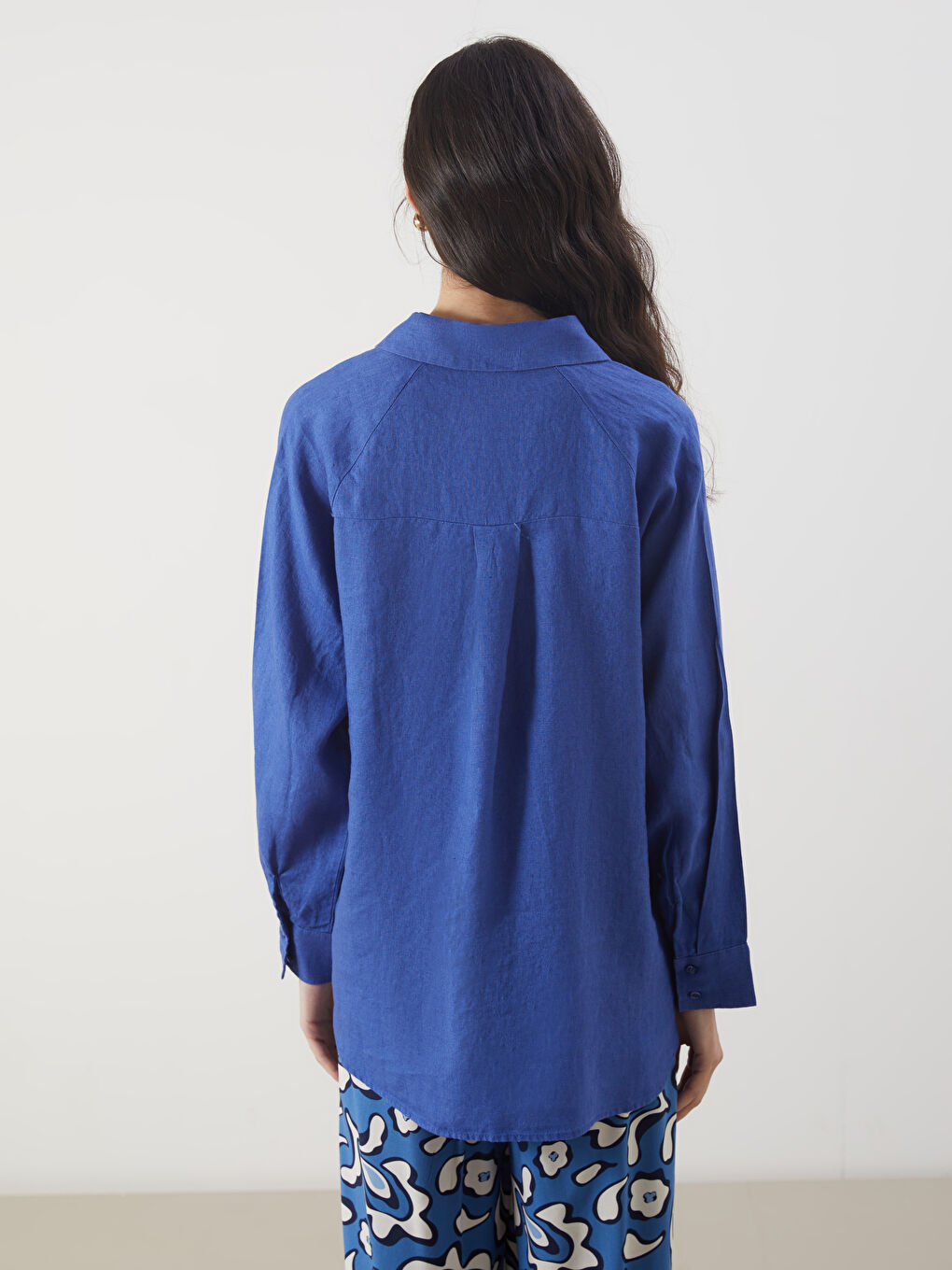 Mavi Oversize %100 Keten Kadın Gömlek-7