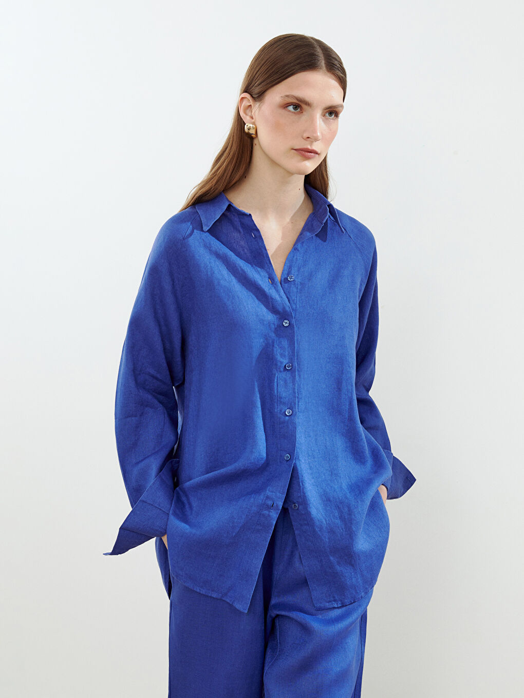 Mavi Oversize %100 Keten Kadın Gömlek-1