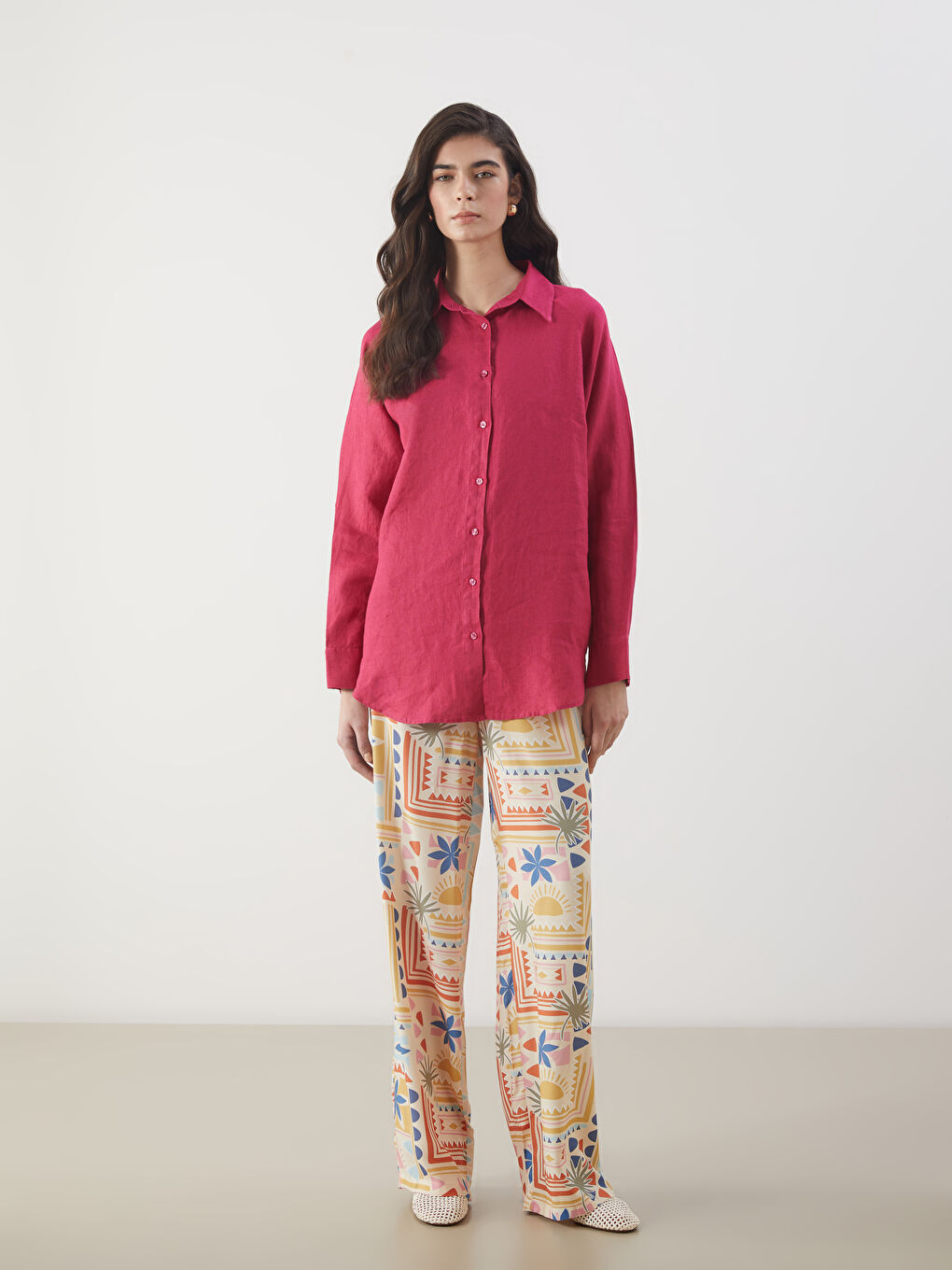 Fuşya Oversize %100 Keten Kadın Gömlek-4