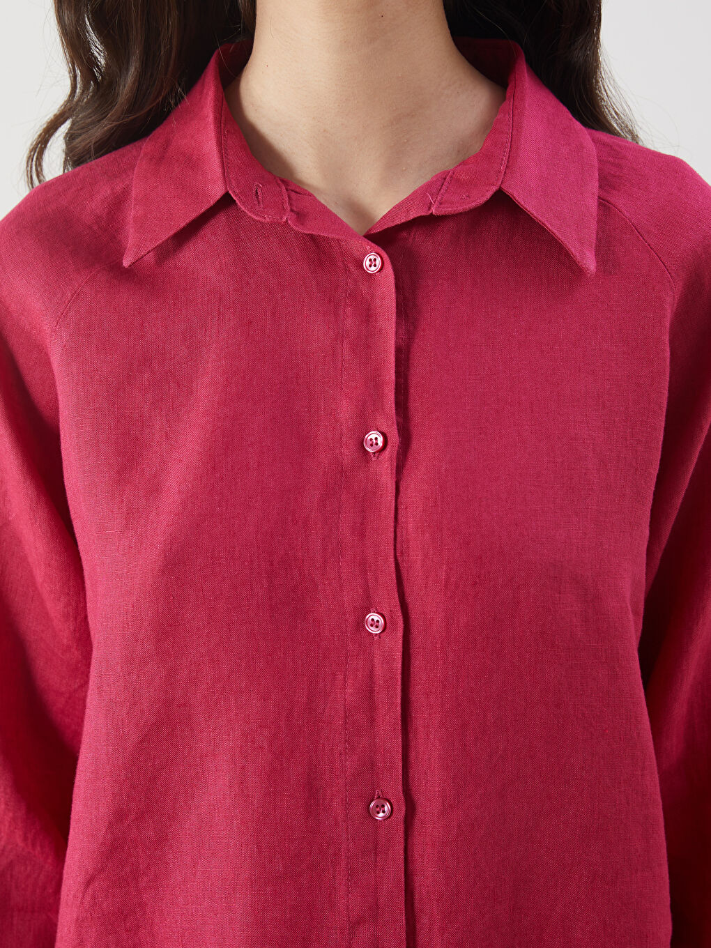 Fuşya Oversize %100 Keten Kadın Gömlek-5
