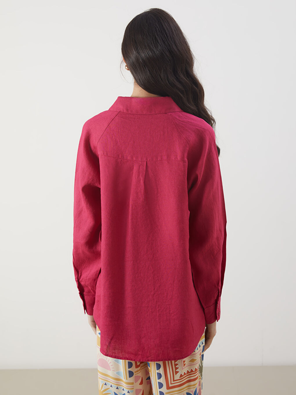 Fuşya Oversize %100 Keten Kadın Gömlek-6
