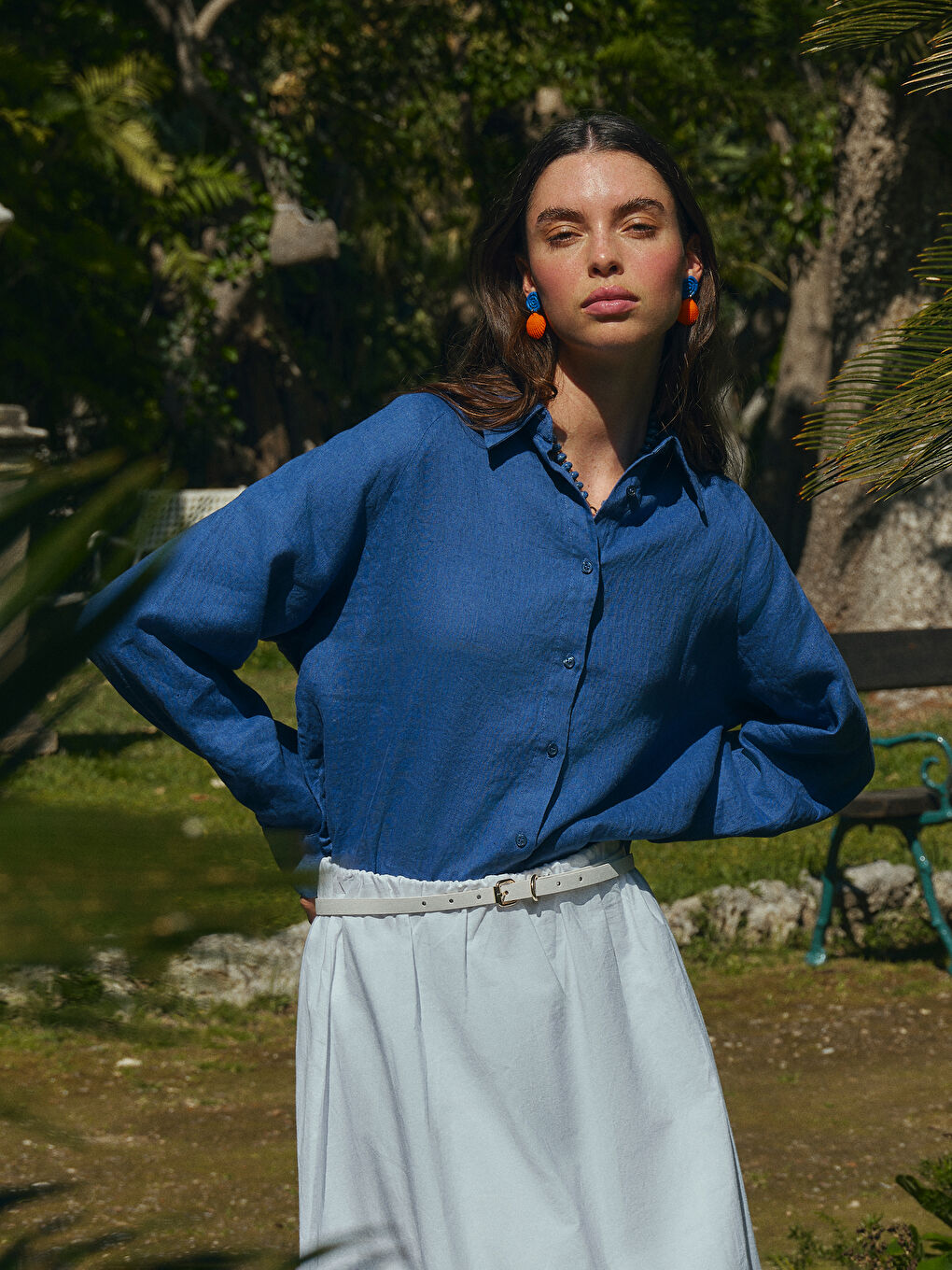 Mavi Oversize %100 Keten Kadın Gömlek