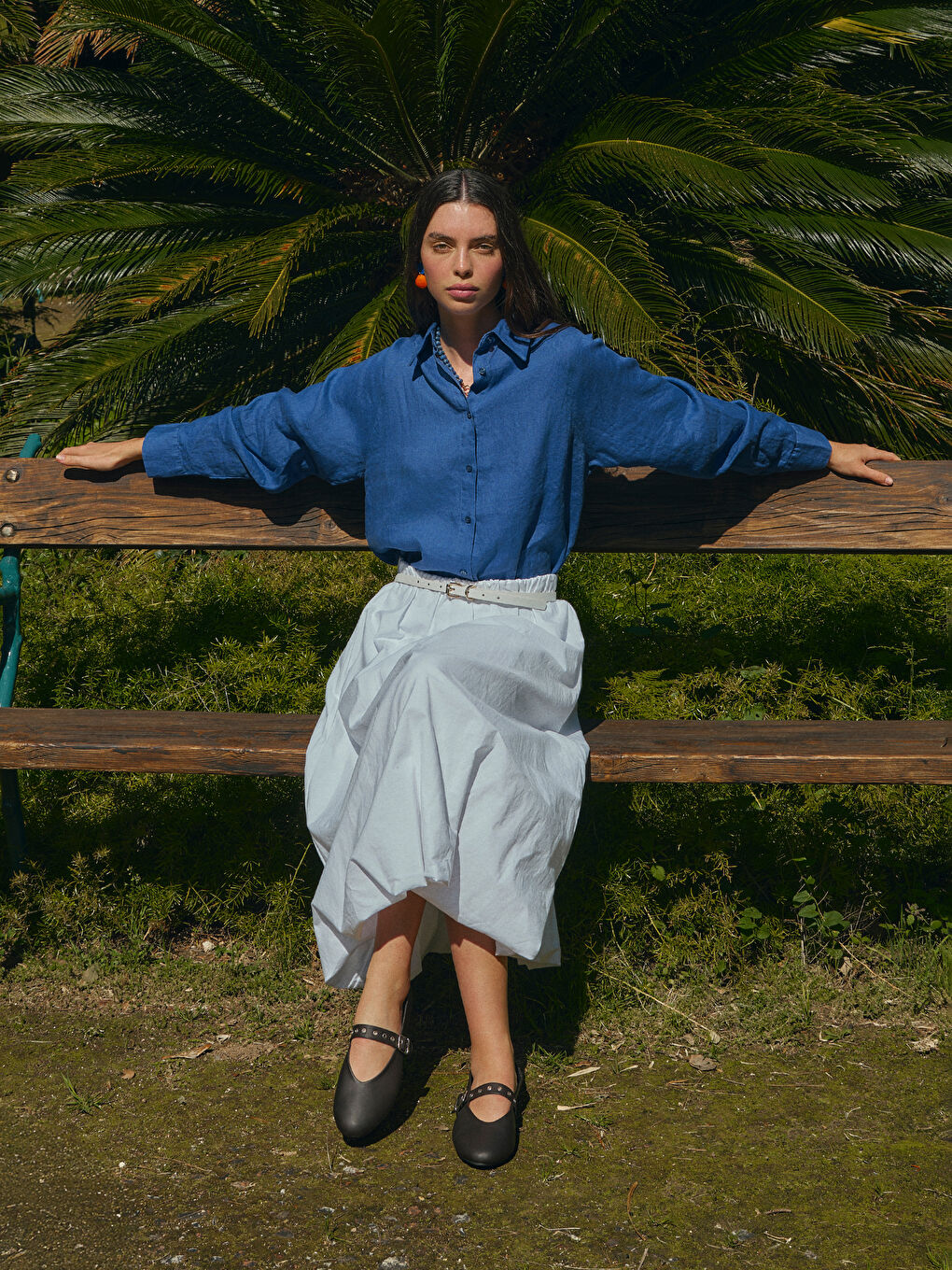 Mavi Oversize %100 Keten Kadın Gömlek-2