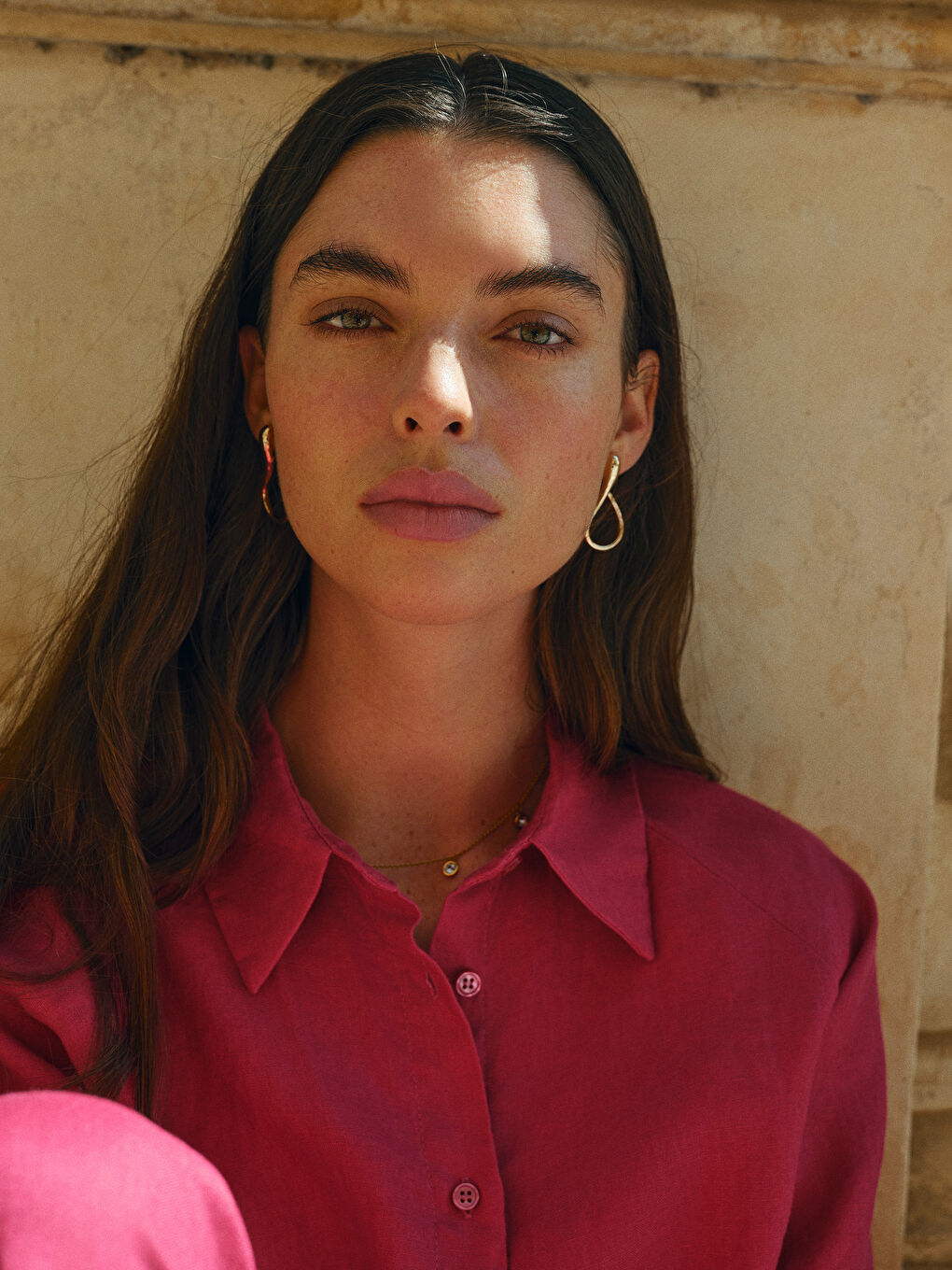 Fuşya Oversize %100 Keten Kadın Gömlek-1