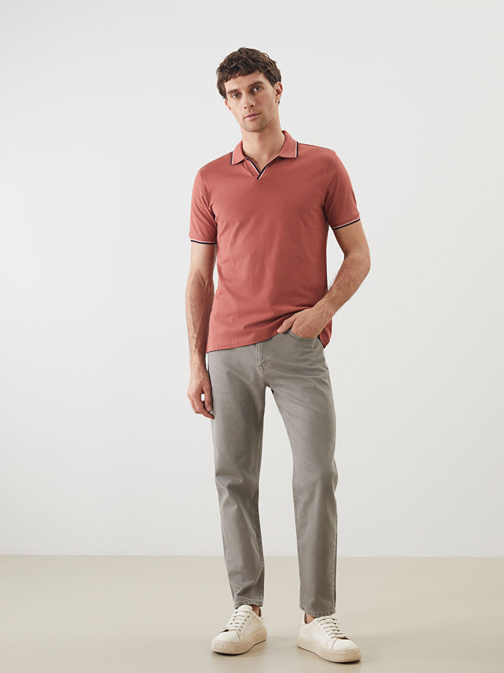 Pembe Polo Yaka Kısa Kollu Erkek Tişört-1