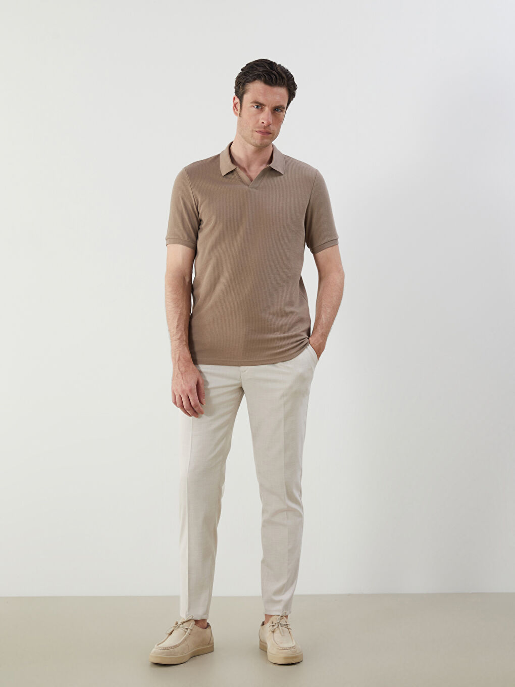 Bej Polo Yaka Kısa Kollu Erkek Tişört-1