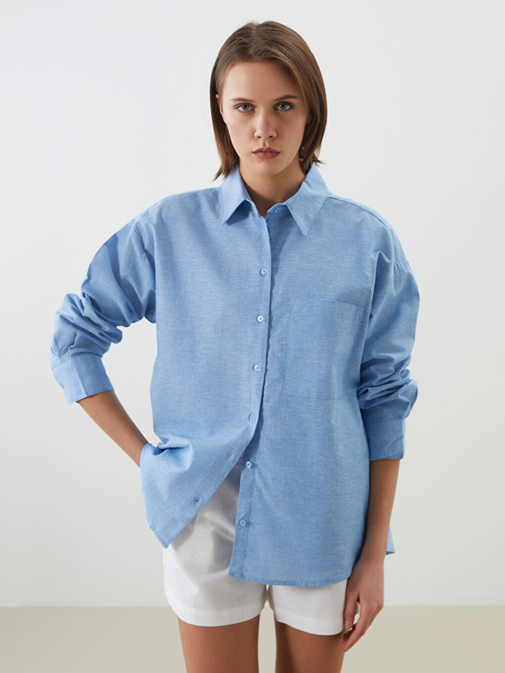 Loose Fit Pocketed Women's Linen Blend Shirt -S5FJ47Z8-YWT