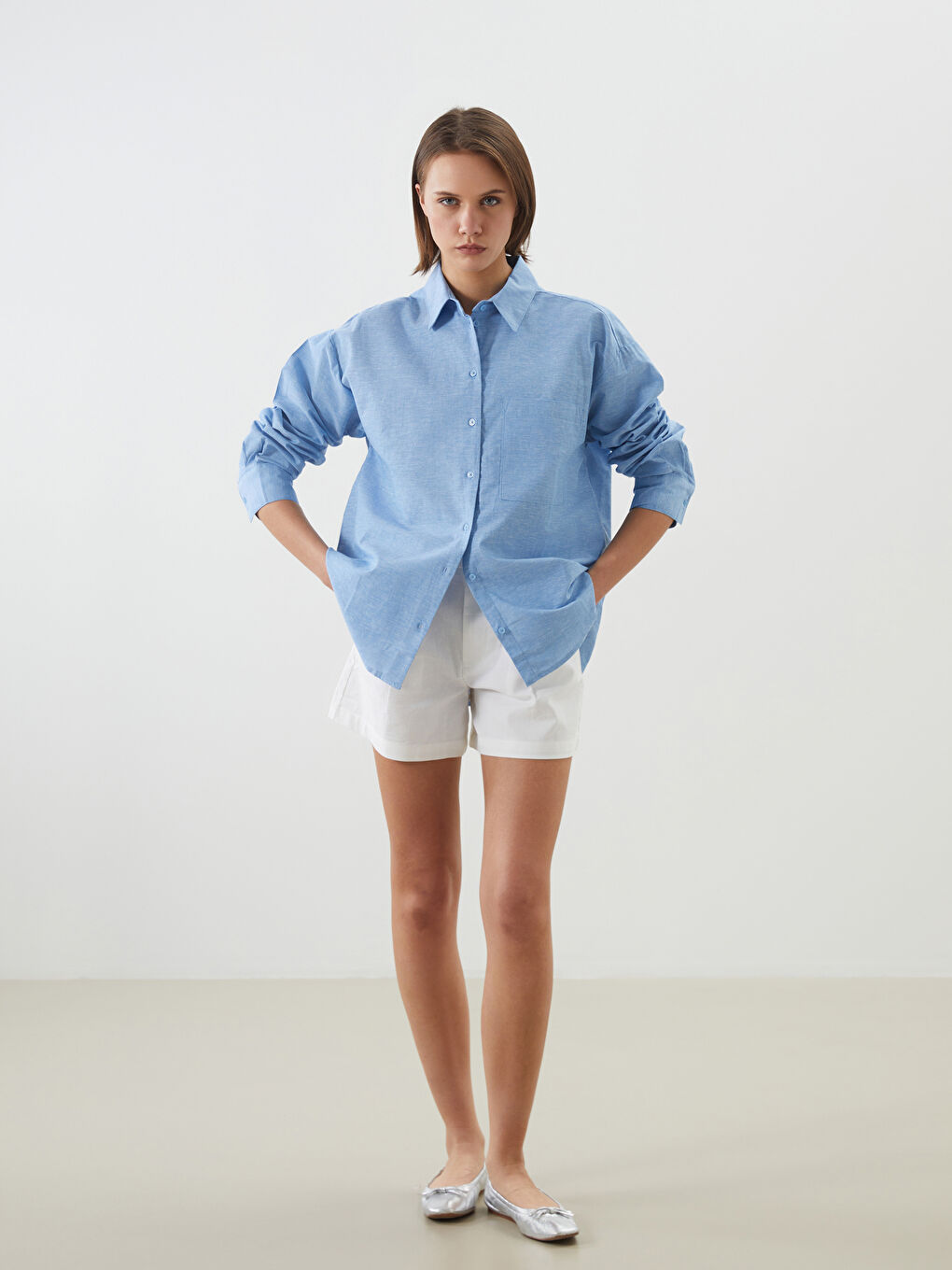 Loose Fit Pocketed Women's Linen Blend Shirt -S5FJ47Z8-YWT