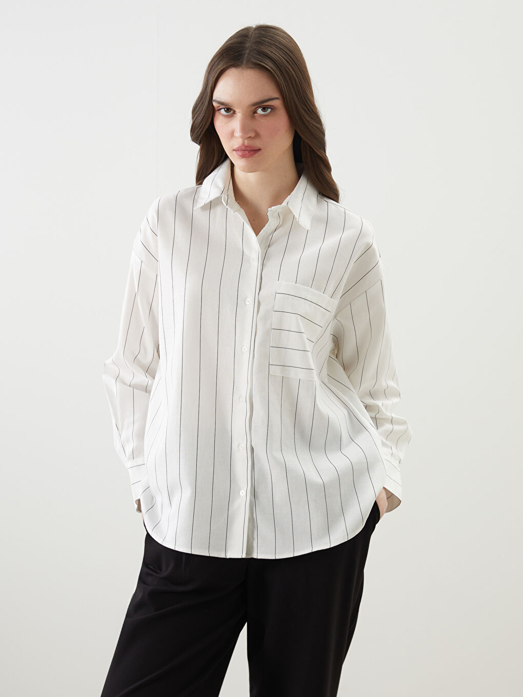 Striped Linen Blend Oversize Women's Shirt -S5FJ48Z8-LEG