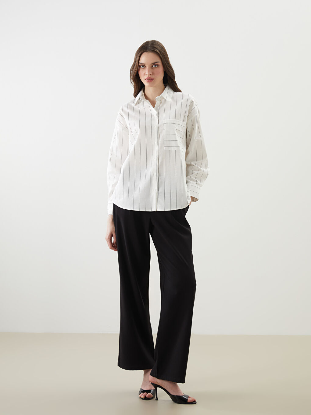 Striped Linen Blend Oversize Women's Shirt -S5FJ48Z8-LEG