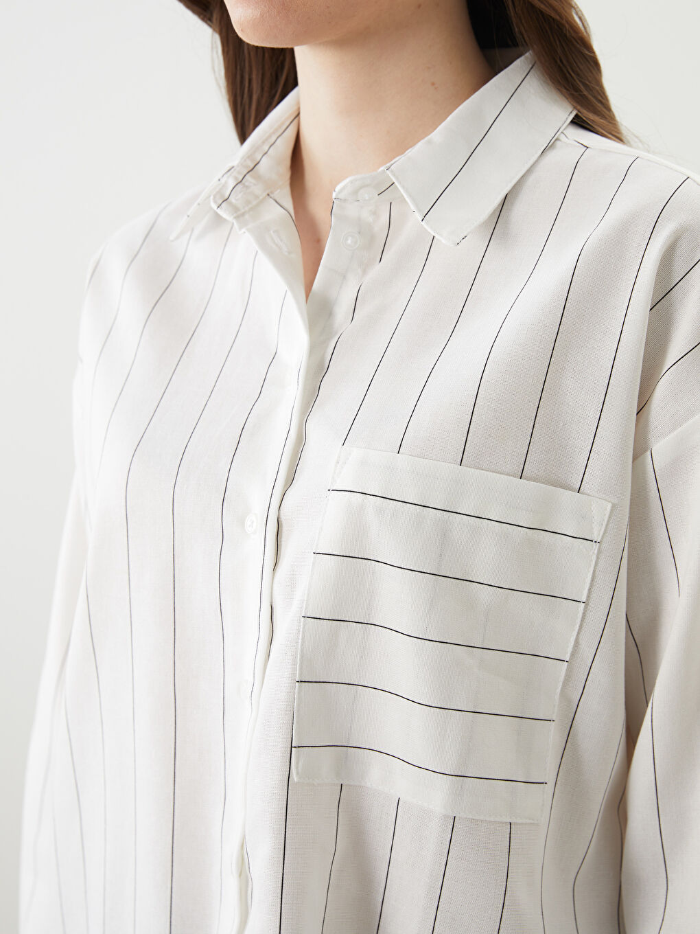 Striped Linen Blend Oversize Women's Shirt -S5FJ48Z8-LEG