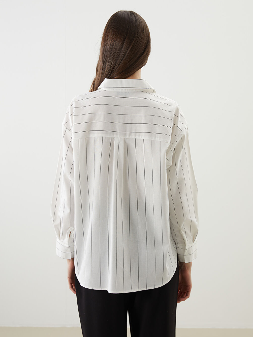 Striped Linen Blend Oversize Women's Shirt -S5FJ48Z8-LEG
