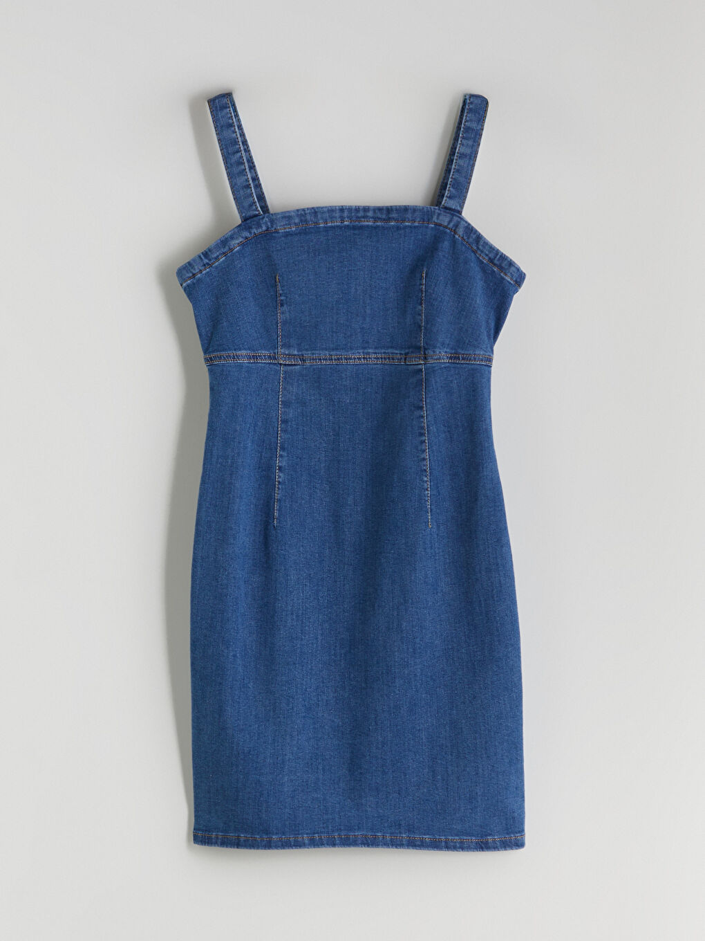 İndigo Kare Yaka Askılı Mini Jean Elbise-4