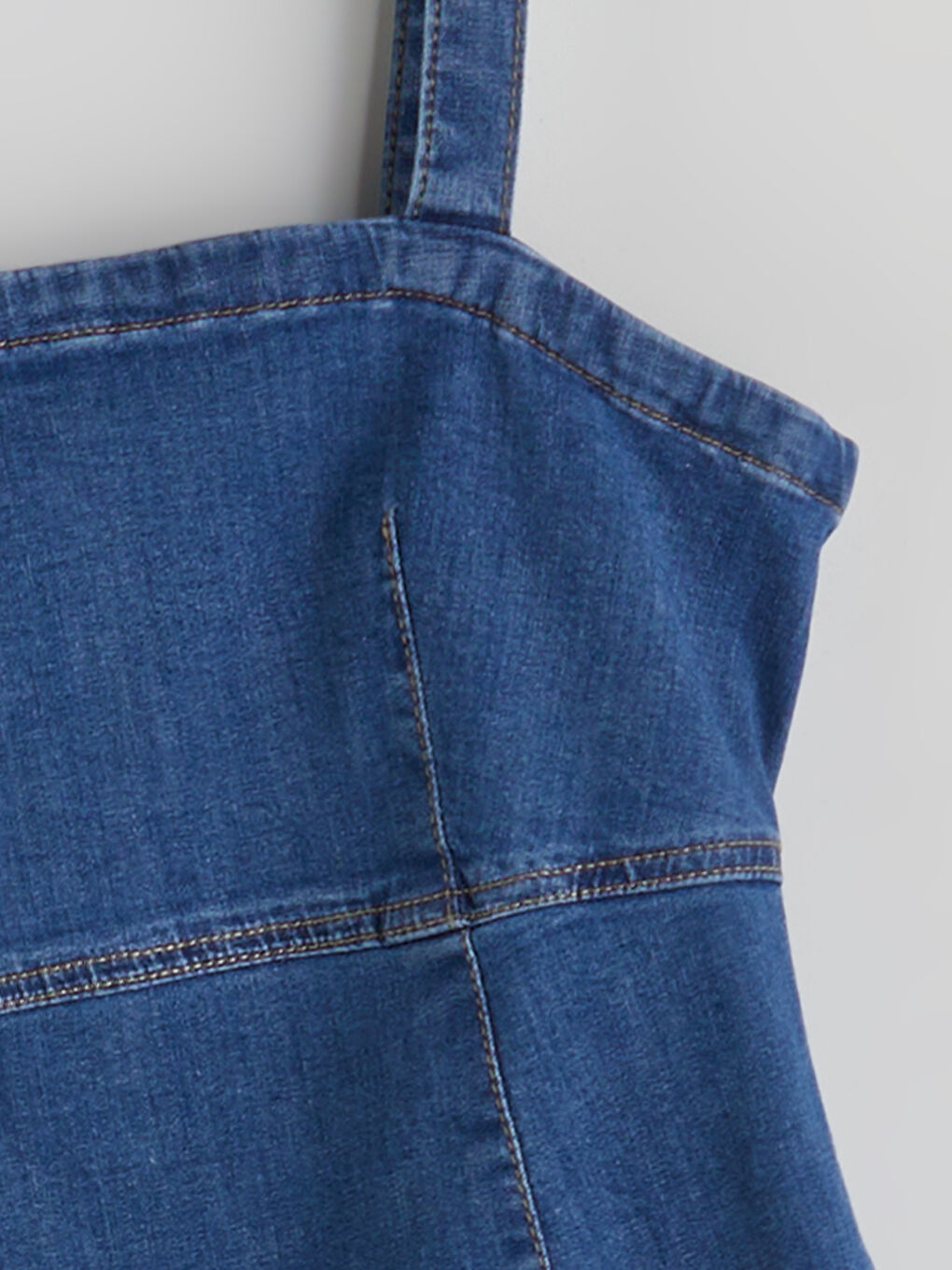 İndigo Kare Yaka Askılı Mini Jean Elbise-5
