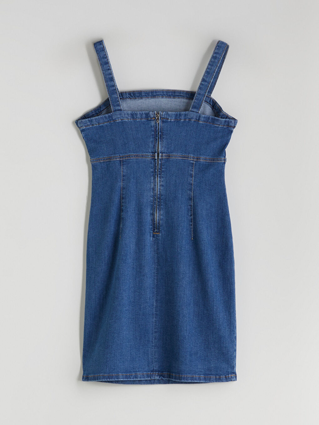 İndigo Kare Yaka Askılı Mini Jean Elbise-6