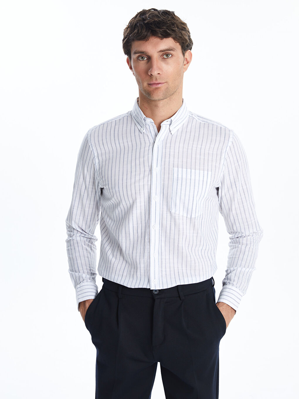 LCWAIKIKI Classic Regular Fit Uzun Kollu Çizgili Erkek Gömlek -S5FK47Z8-LEN