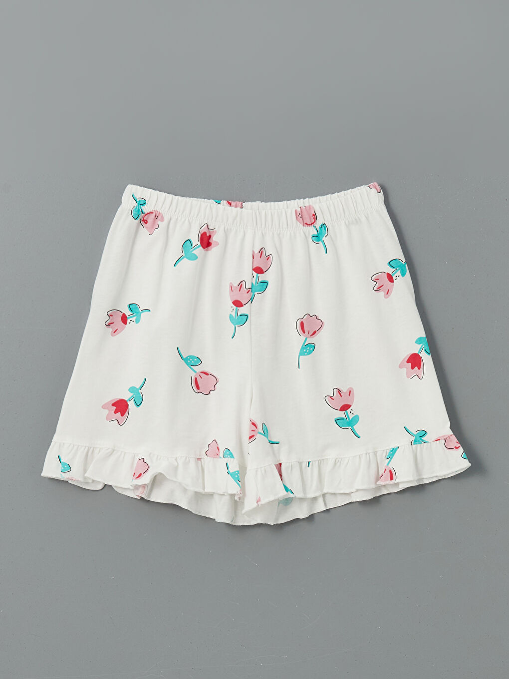 Ekru Beli Lastikli Çiçekli Kız Çocuk Pijama Şort