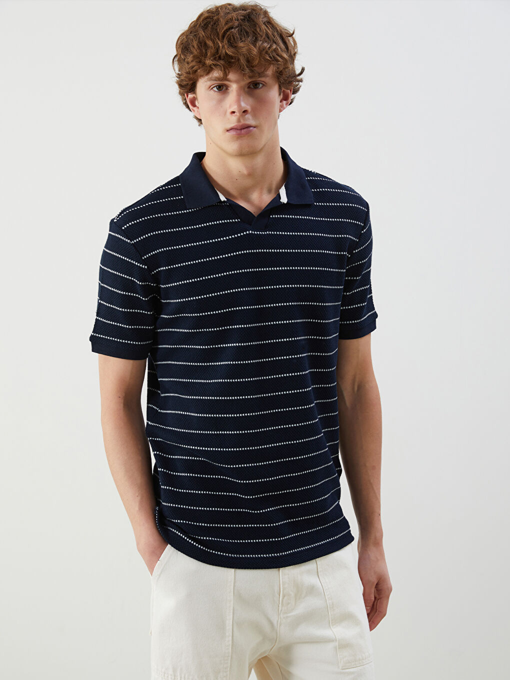 XSIDE Polo Neck Striped Men's Textured T-Shirt -S5FK96Z8-HRZ