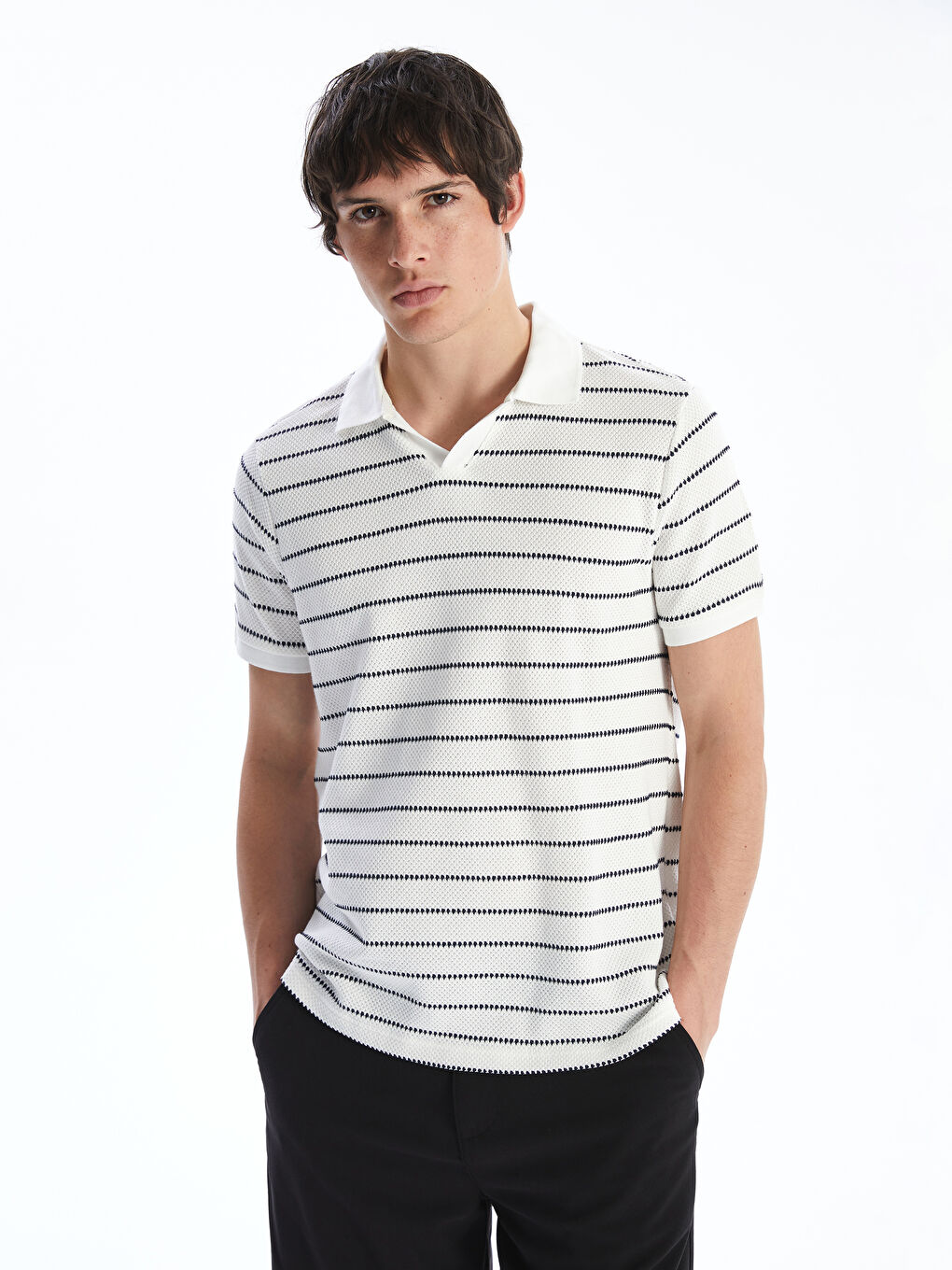 XSIDE Polo Neck Striped Men's Textured T-Shirt -S5FK96Z8-J1F