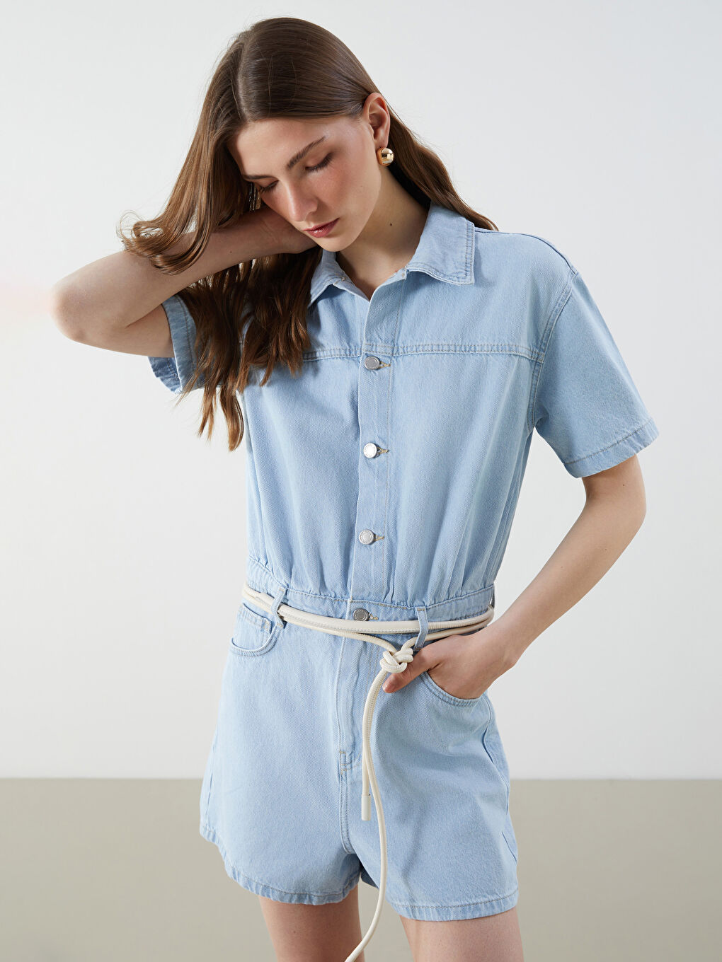 LCW Vision Indigo Gömlek Yaka Kadın Jean Tulum - 1