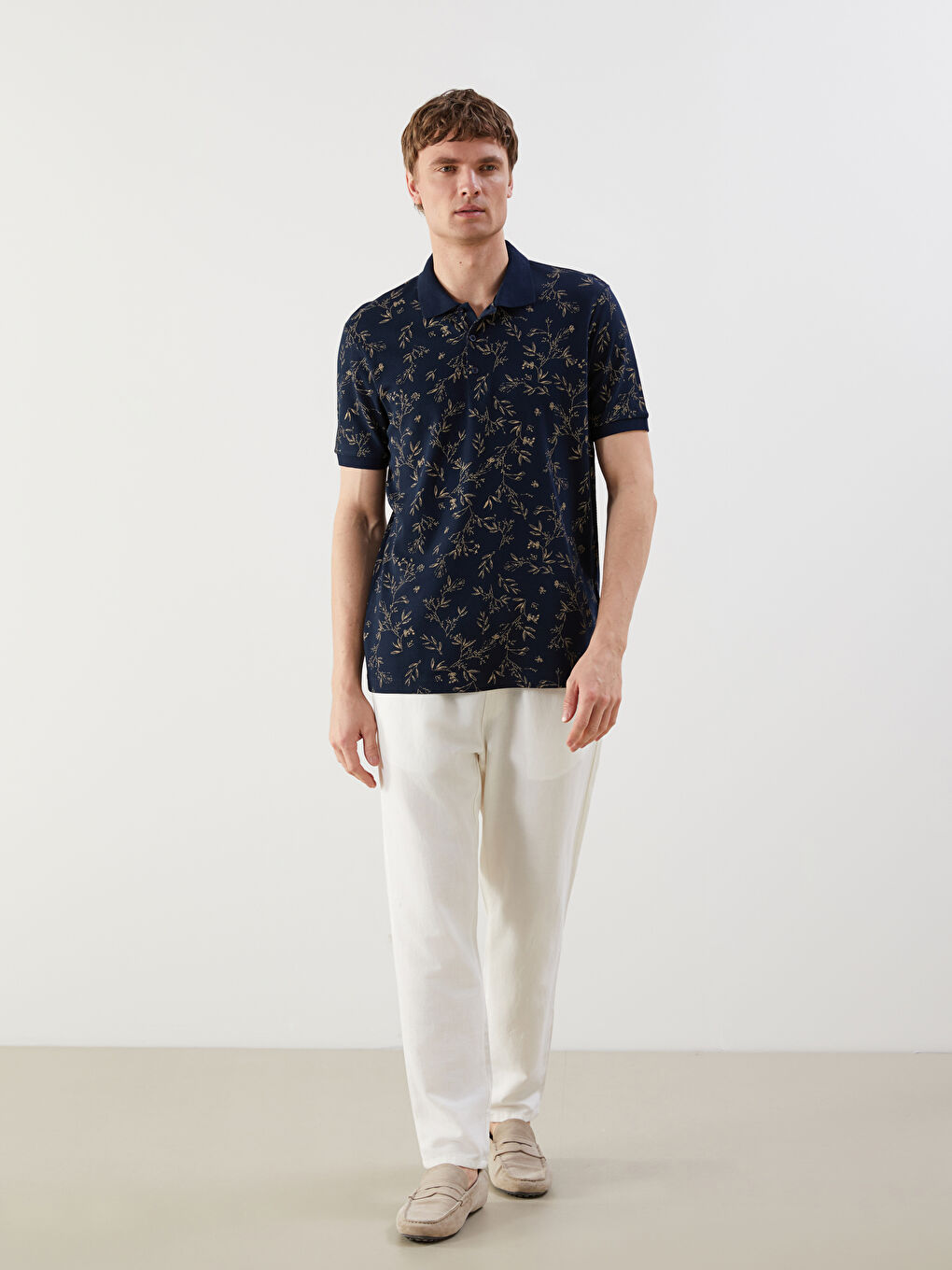 Lacivert Polo Yaka Kısa Kollu Desenli Erkek Tişört-1