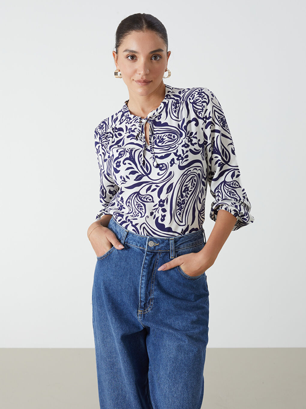 Tie Collar Patterned Women's Blouse -S5FM64Z8-LQQ