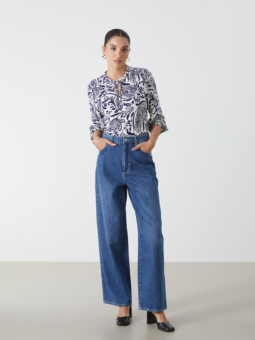 Tie Collar Patterned Women's Blouse -S5FM64Z8-LQQ