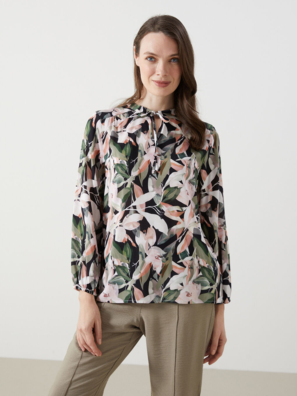 Tie Collar Patterned Women's Blouse -S5FM64Z8-LSR